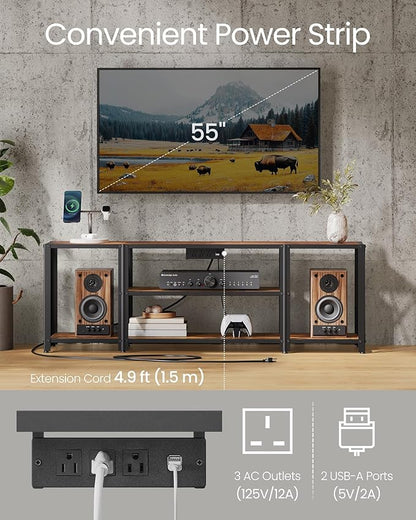 VASAGLE TV Stand with Power Outlets and LED Lights, for TVs up to 60 Inches, Entertainment Center with Open Storage Shelves, TV Console Table for Living Room, Rustic Brown and Ink Black ULTV121K01