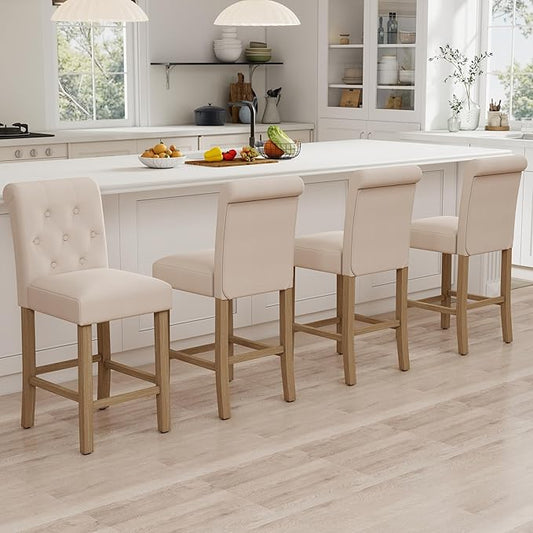 GOTMINSI 24" Bar Stools Set of 4 for Kitchen Island Upholstered Counter Height Bar Stools with Button Tufted Decoration Barstools Home Kitchen Island Wooden Bar Chairs Beige