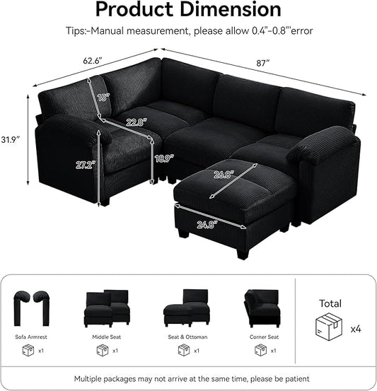 87'' U-Shaped Sectional Sofa with Ottoman, 5-Seater Modular Couches for Living Room, Corduroy Deep Seat Cloud Sofa with Center Stitched, Black