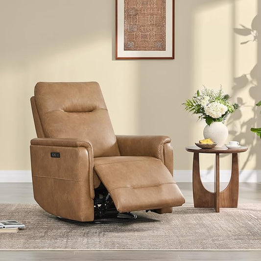 Watson & Whitely Power Recliner Chairs for Adults, Swivel Rocker Recliner W Power Headrest & Type-C Charger for Living Room, Faux Leather, Camel, RC015