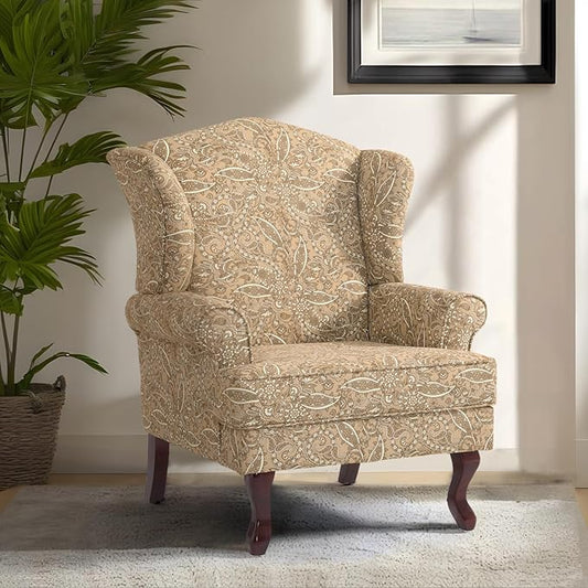 Pia Ricco Paisley High Back Floral Accent Chair, Upholstered Fabric Armchair with Solid Wood Legs - Retro Living Room Reading Chair, Comfortable Single Sofa Seat-Brown