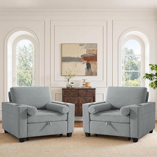 Convertible Sleeper Chair Bed, Comfy Corduroy Single Futon Sofa Chairs with Pull Out Bed, 3-Levels Adjustable Backrest Accent Chair with Side Pockets, Cup Holder & USB Ports for Living Room, Bedroom