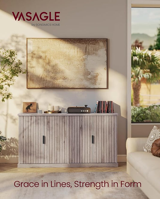 VASAGLE MAXE Collection - Buffet Cabinet, Fluted Console Cabinet, Sideboard with Adjustable Shelves, Mid Century Modern Buffet Table, 15.8 x 58.3 x 31.5 Inches, Washed Gray UBBK382G01S