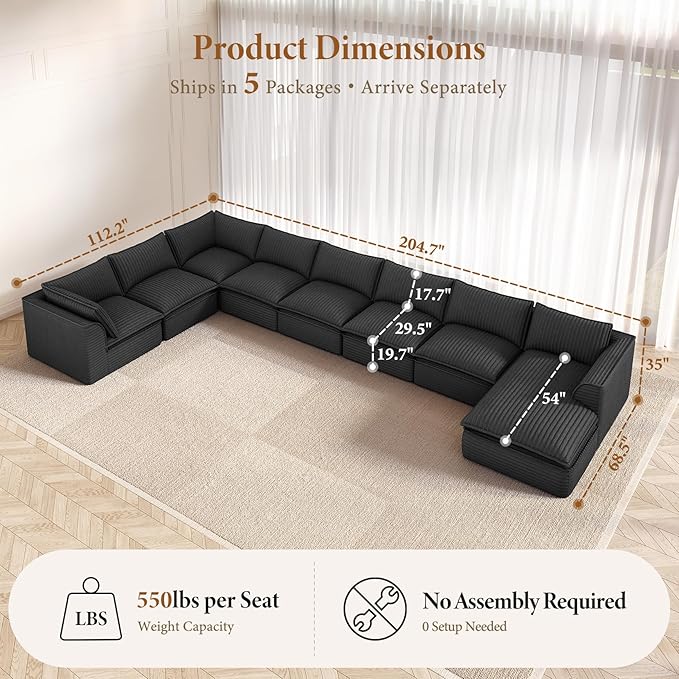Vesgantti 204.7" Oversized Sectional Boneless Couch, Modern 9 Seater Modular Sofa with Chaise, Deep Seat Convertible Plush Corduroy Cloud Couches for Living Room, No Assembly Required, Dark Gray