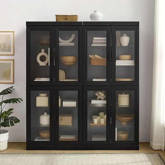 Crosley Furniture Essen 2-Piece Glass Door Kitchen Pantry Storage Cabinet Set, Living Room, Entryway, Black