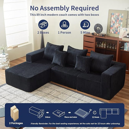102" Cloud Couch for Living Room,Boneless Couch with Oversized Chaise,Deep Seat Sofa with 5-Pillows for Bedroom,Corduroy Sofa in A Box,Black