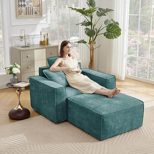 WILLOVE 47'' Single Sofa with Ottoman, Chenille Cloud Couch with Wide Armrests & 3 Pillows, Deep Seat Couches for Living Room, Green