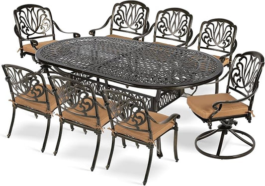 MEETWARM 9-Piece Outdoor Patio Dining Set, All-Weather Cast Aluminum Patio Conversation Set with 2 Swivel Rocker Chairs, 6 Stationary, 1 Oval Table, 8 Cushions, 2" Umbrella Hole