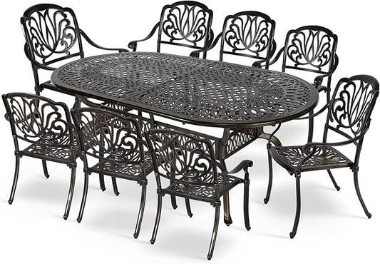 MEETWARM 9-Piece Outdoor Patio Dining Set, 8 Outdoor Dining Chairs and 1 Oval Table with 2" Umbrella Hole, All Weather Cast Aluminum Patio Funiture Set for Backyard, Patio, Garden