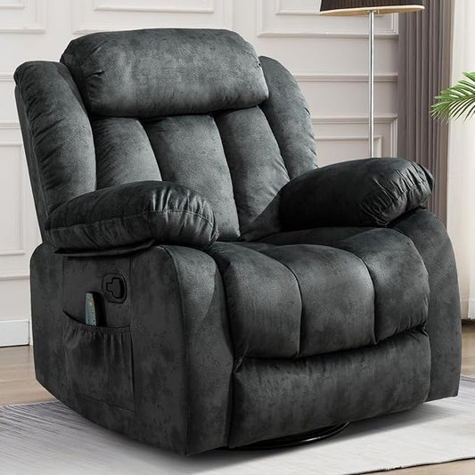 CANMOV Massage Swivel Rocker Recliner Chair with Heat and Vibration, 360 Degree Swivel Manual Recliners Antiskid Fabric Single Sofa Heavy Duty Reclining Chair for Living Room, Grey Green