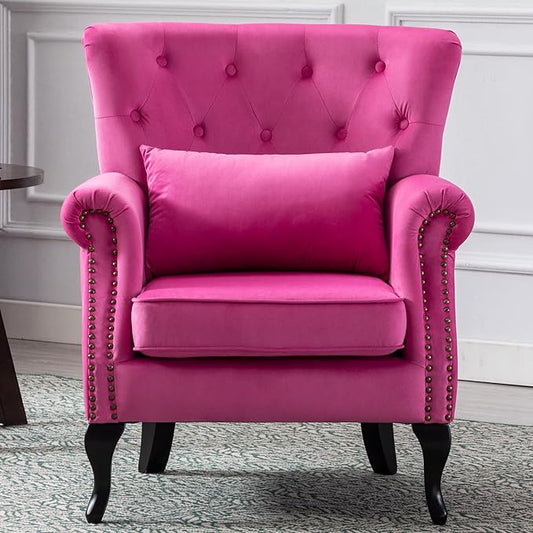Mid Century Modern Accent Chair Upholstered Armchair Comfy Velvet Fabric Single Sofa with Tufted Wingback for Small Spaces Bedroom Living Room, Hot Pink
