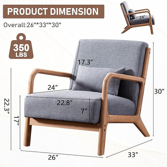 ANJ ANJHOME Mid Century Modern Accent Chairs Set of 2, Comfy Fabric Reading Chair with Solid Wood Frame, Easy Assembly Armchair for Living Room,Grey