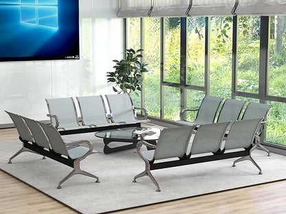 Kinsuite 3-Seat Reception Chairs - Waiting Room Chairs with Arms & Stainless Steel Frame, Waiting Room Bench Lobby Chairs for Office Airport Bank Hospital, Silver
