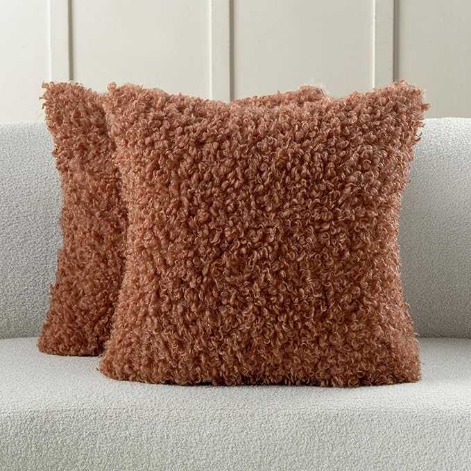 FUTEI Rust Decorative Throw Pillow Covers 22x22 Inch Set of 2,Soft Fluffy Faux Wool Fur Boucle Textured Cushion Case,Modern Home Decor for Couch Bed Living Room Office