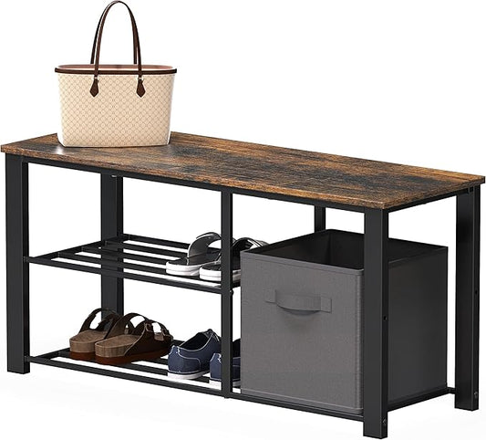 Simple Houseware 2 Tier Shoes Bench with Wood Top and Storage Bins, Rustic Brown