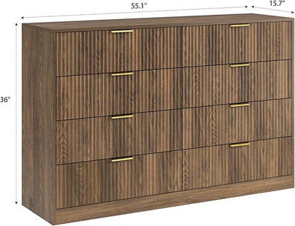 3-Piece Modern Bedroom Furniture Set, Wide 8-Drawer Dresser & 3-Drawer Nightstands Set of 2, Natural Wood Dresser and Nightstand Sets for Bedroom, Hallway, Walnut