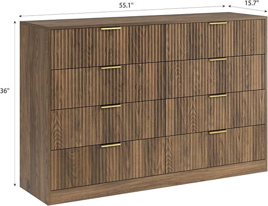 8 Drawer Dresser for Bedroom, Modern Fluted Double Dresser, 55" Wide Chest of Dressers, Mid Century Wooden Beside Table for Closet, Living Room and Entryway, Natural