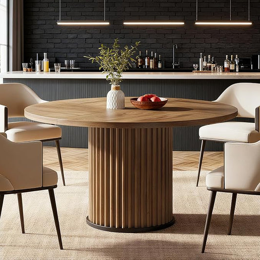 Tribesigns Round Dining Table for 4-6, 47-Inch Modern Circle Kitchen Table with Fluted Round Base, Farmhouse Wood Dinner Table for Dining Room, Kitchen, Living Room, Brown