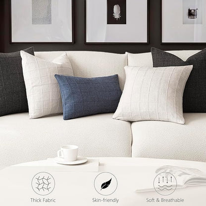 Foindtower Set of 2 Decorative Linen Check Throw Pillow Covers Neutral Farmhouse Vintage Cushion Covers Modern Boho Home Decor for Sofa Chair Couch Bedroom Living Room,24×24 Inch,Cream White