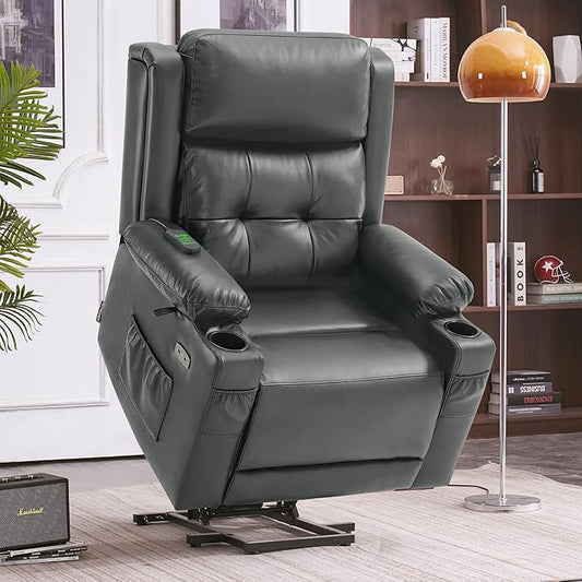 MCombo Large Triple Motor Power Lift Recliner Chair with Massage and Heat for Elderly People, Adjustable Headrest, Infinite Position, USB Ports, Faux Leather 7662 (Dark Grey, Large)