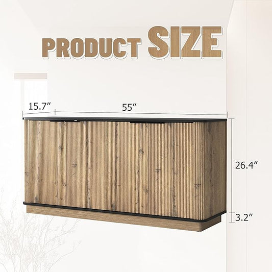 LKTART 55" Sideboard Buffet Cabinet with Storage, Wooden Fluted Storage Cabinet Sideboard with Adjustable Shelves Metal Rounded Corner for Kitchen Living Room (Natural)