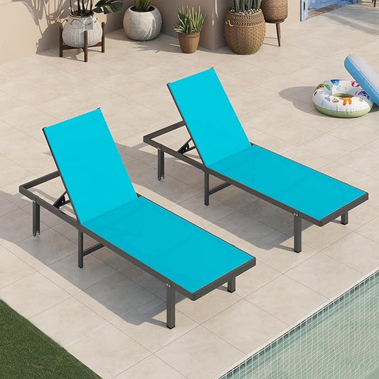 Pool Lounge Chairs Set of 2，Outdoor Lounge Chairs with Wheels and 5-Position Recliner -Easy to Move- Aluminum Patio Lounge Chair for Poolside, Deck (Lakeblue)
