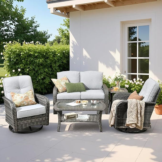 5 PCS Patio Outdoor Furniture Set with Swivel Rocking Chairs,All Weather Wicker Rattan Patio Seating Sofa and Chairs Set,Outdoor Conversaiton Sets for Deck Yard Prrch Garden Poolside,Grey