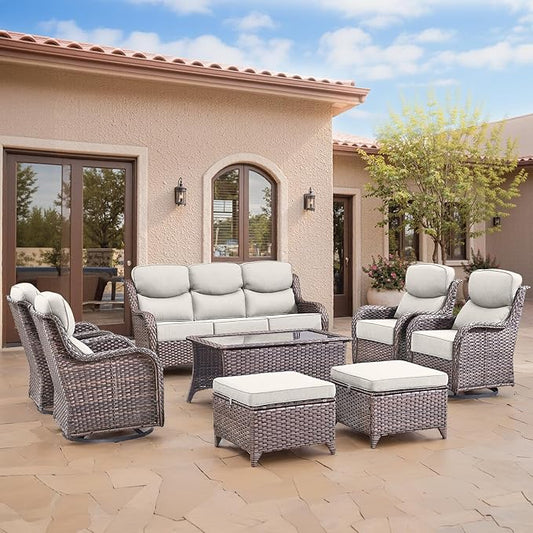 Swivel Patio Chairs Sofa Set of 8 with 6" Thick Cushion - Wicker Outdoor Swivel Rocker Patio Chair,Sofa/Glass Coffee Table, High Back Comfortable Outdoor Glider Chairs - Brown Wicker | Beige Cushions