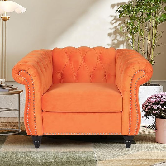 Accent Sofa Chair for Living Room, Mid Century Modern Velvet Upholstered Armchair, Oversized Comfy Single Couch Chair with Cushion, Tufted Chesterfield Sofa Couch for Home, Bedroom, Apartment (Orange)