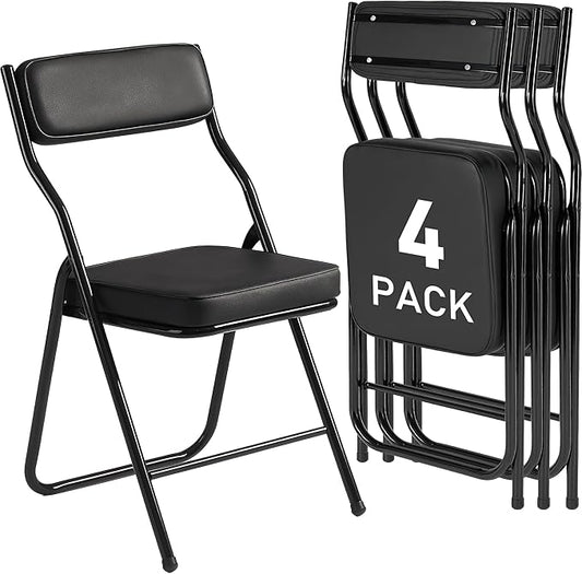 4 Pack Padded Folding Chairs with Cushion, Foldable Dining Chair Set Portable Indoor Outdoor Stackable Folding Chairs with Steel Frame for Home Office Events Wedding Party Black