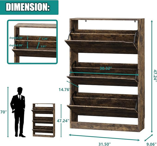 Shoe Storage Cabinet for Entryway with 3 Flip Drawers, Sturdy Wood Hidden Shoe Storage, Freestanding Narrow Slim Shoe Organizer for Front Door Entrance, Living Room, Hallway, Bedroom, Brown