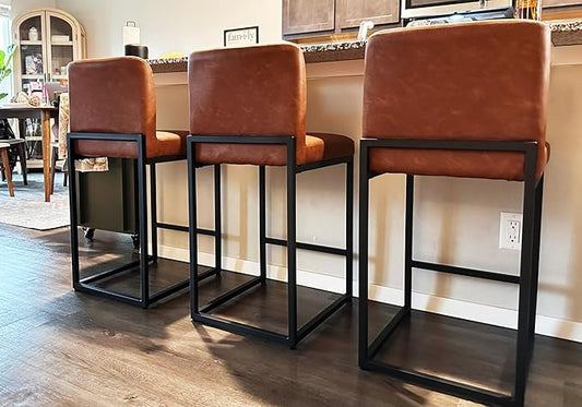 Alpha Home 24 Inch Bar Stools Set of 3, Kitchen Counter Stools with Backs, PU Leather Barstools, Kitchen Stools with Back&Upholstered Footrest, Sturdy Chromed Metal Steel Frame, Brown