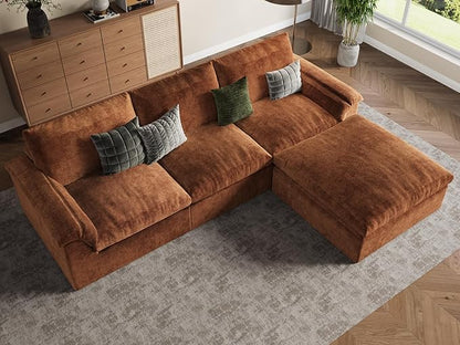 EASE MOOSE Oversized Sectional Cloud Couch for Living Room, Modular Boneless Sofa L-Shaped, Cloud Sofa Set with Fluffy Foam, 4-Seater Comfy Sofas with Ottoman for Bedroom Apartment, Chenille (Brown)