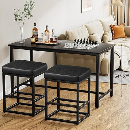 Counter Height Bar Stools Set of 3, 24" Barstools for Kitchen Countertop, Faux Leather Counter Stools with Thick Square Seats & Sturdy Metal Base, Simple Assembly, Black