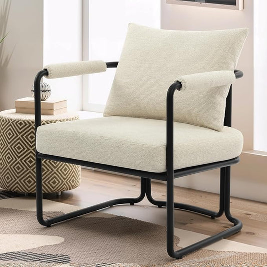 Single Accent Chair for Living Room, Mid Century Modern Upholstered Reading Armchair for Bedroom, Office, with Comfy Chenille Cushion & Metal Frame, Cream Beige