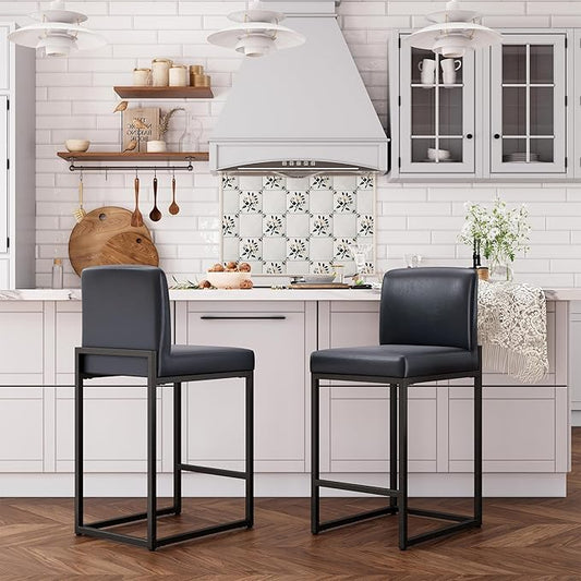 ALPHA HOME 24 Inch Bar Stools Set of 2, Kitchen Counter Stools with Backs, PU Leather Barstools, Kitchen Stools with Back&Upholstered Footrest, Sturdy Chromed Metal Steel Frame, Midnight Blue