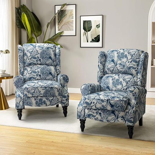 HULALA HOME Upholstered Wingback Recliner Chair Set of 2, Small Adjustable Footrest Push Back Single Reclining Sofa, Mid Century Modern Lounge Armchair for Living Room, Bedroom, Reading/Jacobean