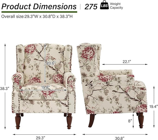 Accent Chair, Upholstered High Back Floral Armchair with Nailhead Trim & Wood Legs, Comfy Wingback Reading Single Sofa Chair for Small Spaces, Living Room, Bedroom (Pink Floral, Set of 2)