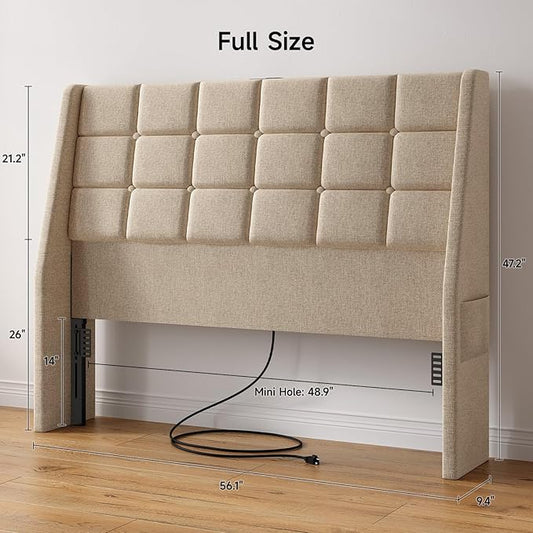 Ergonomic Upholstered Full Size Headboard w/Charging Station, Linen Wingback Headboards w/Storage Pocket, Full Headboard Only, Bed Frame Adapters, Sturdy Solid Wood Bed Head Board, Beige