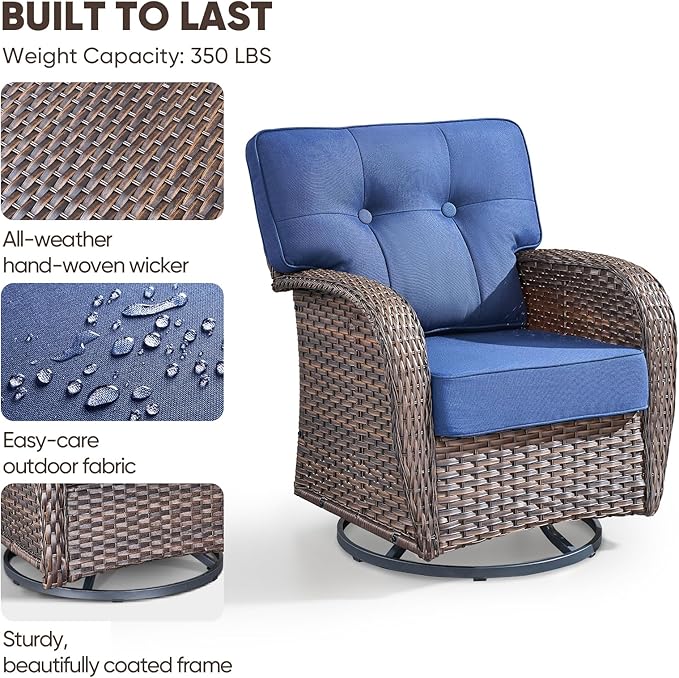 4-piece rotating balcony chair set with 31-inch T-shaped wide backrest - rattan outdoor rotating balcony chairs, wide backrest comfortable outdoor sliding chair - Brown Rattan | Blue Cushions