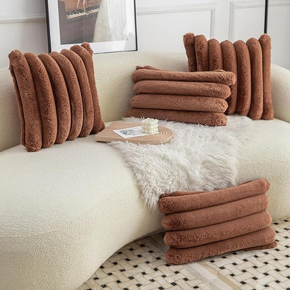 Neelvin Brown Faux Fur Cozy Soft Stripe Decorative Throw Pillow Covers 18x18 inch Set of 2,Velvet Pillowcase Cushion Case for Sofa Couch