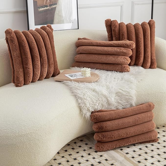Neelvin Brown Faux Fur Cozy Soft Stripe Decorative Throw Pillow Covers 16x16 inch Set of 2,Velvet Pillowcase Cushion Case for Sofa Couch
