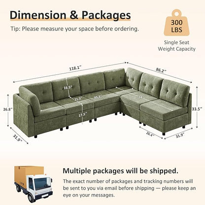 VANOMi 6 Seater Cloud Couches for Living Room, 118" Convertible Modular Cloud Sofas & Couches, Comfy Chenille Sectional Couch Sofa for Apartment, Office, Olive Green, L/U Shaped