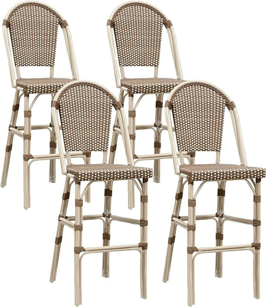 PURPLE LEAF French Bar Stool Set of 4 White Print Finish Patio Bar Stools with Back Rattan Bar Chairs Wicker Bar Height Stool 30" with Footrest Kitchen Island Stools Outdoor Barstool Brown