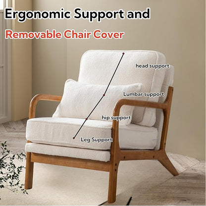 Mid-Century Accent Chair Set of 2,Sherpa Fabric Lounge Chair with Wide Armrest,Sherpa Fabric Armchair with Lumbar Pillow & Solid Wood Frame for Living Room, Bedroom, Balcony(White)