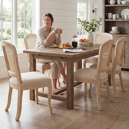 Wicker Dining Chairs Set of 4, Upholstered Linen Fabric Dining Room Chairs with Square High Rattan Back Farmhouse French Kitchen Chairs for Dining Table/Living Room/Restaurant, Cream
