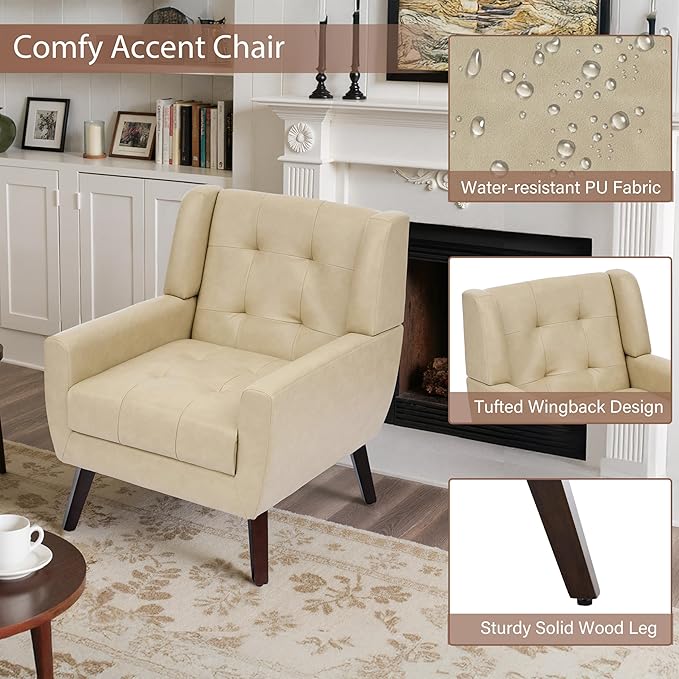 Faux Leather Accent Chair, Mid-Century Modern Upholstered Armchair, Comfy Living Room Chairs Reading Chairs with Button Tufted Back & Solid Wood Legs for Bedroom, Office, Cream