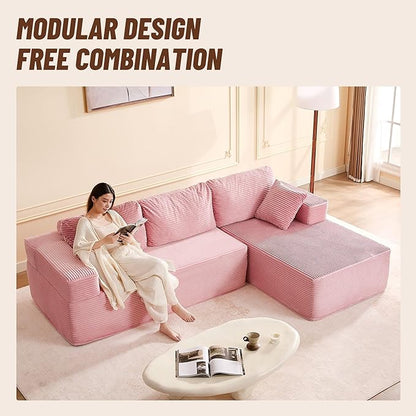 107" Boneless Couch with Deep Seat, Modular Sectional Sofa, Cloud Sectional Couch for Living Room, No Assembly Required, Corduroy, L-Shape Right，Pink