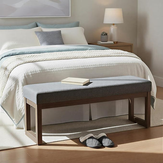 SIMPLIHOME Milltown Large Ottoman Bench - 44 inch Wide Upholstered Solid Wood Rectangular Ottoman Bench in Parisian Grey, Contemporary Entryway or Bedroom Bench with Cushioned Seat and Narrow Profile