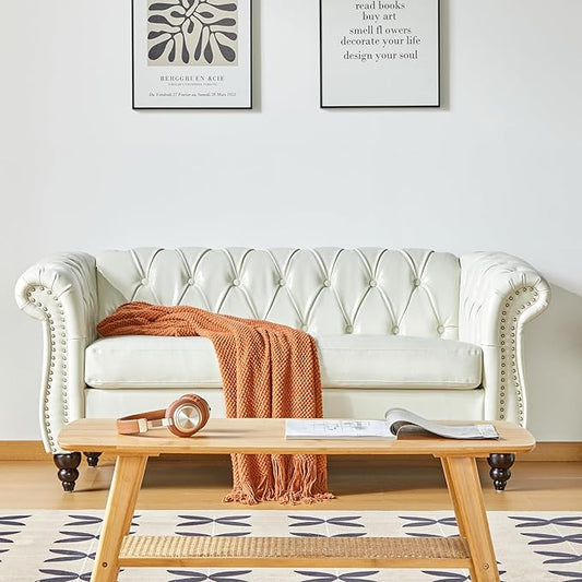Chesterfield Loveseat Sofa, Modern Leather Small Sofa Couch 2 Seater with Rolled Arms and Nailhead, Mid Century Modern Loveseat Couch for Small Spaces Living Room Bedroom Apartment, White